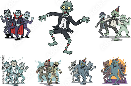 Halloween party monsters set, vampire zombie mummy werewolf characters, spooky festive cartoon illustration, horror celebration clipart, creepy undead vector design
