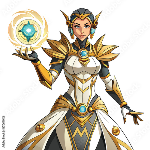 Fantasy warrior woman with glowing magical orb and ornate armor