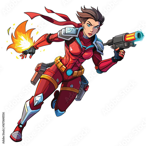 Female sci fi warrior with fire powers and futuristic gun
