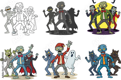 Halloween characters zombie vampire werewolf ghost mummy set, multiple art styles, spooky cartoon illustration, horror monster clipart, festive vector design, holiday themed artwork