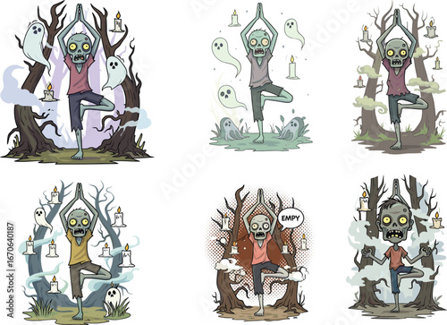 Cartoon zombie doing tree pose yoga, spooky undead character set, Halloween illustration design, funny horror art, ghost and candle background, vector clipart