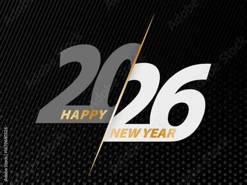 Happy New Year 2026 on black background.