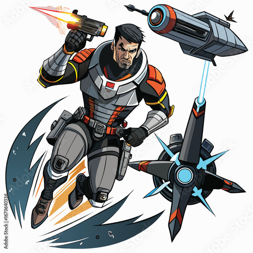 Sci fi soldier in action with futuristic weapons and technology