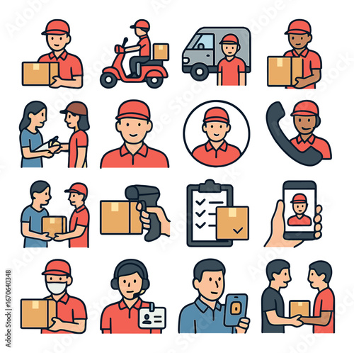 Delivery service icons: couriers, parcels, transportation, and customer interaction
