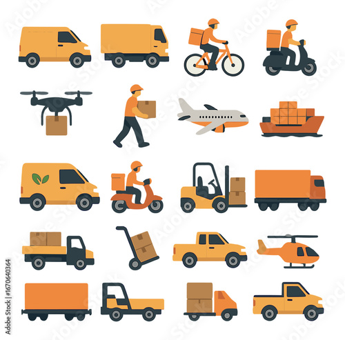 Various modes of delivery transport including vehicles, drones, and ships