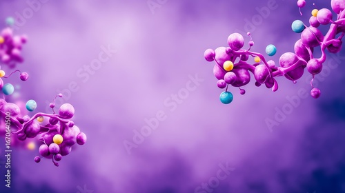 A vivid depiction of molecular structures set against a purple backdrop, showcasing intricate details and vibrant colors that represent the essence of scientific exploration and in