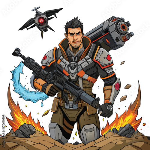 Sci fi soldier with futuristic rifle and drone in combat