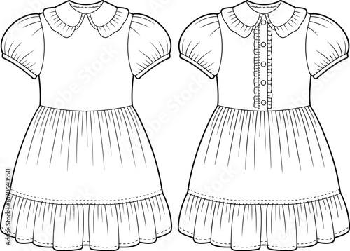 Flat vector illustration cad drawing of a fashionable dress with layered ruffled skirt and peter pan collar for a child.