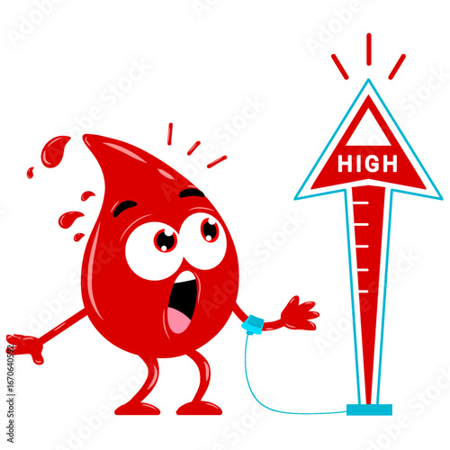 A cartoon blood drop character with wide, shocked eyes and an open mouth looks at a large red arrow pointing to the word "HIGH." The blood drop has a small blue monitor on its arm and appears distress