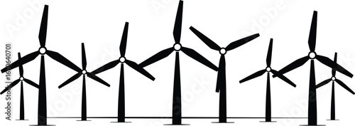 Wind power farm illustration, black and white vector art drawing of multiple windmills and turbines for green energy production with copy space

.