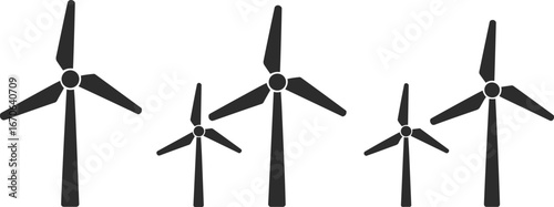 Wind power farm illustration, black and white vector art drawing of multiple windmills and turbines for green energy production with copy space

.