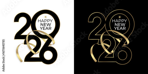 Number 2026 design with black and gold colors. Decorated with serpentine. Elegant style for your New Year's designs. Vector illustration.