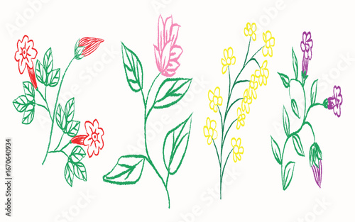 Whimsical floral arrangement with handdrawn style in red pink yellow and purple hues on white background