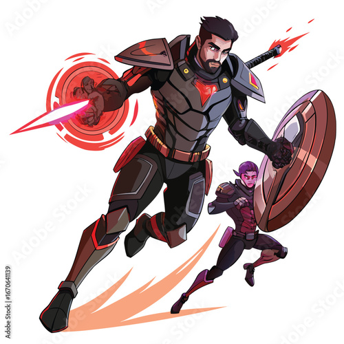 Sci fi warriors in futuristic armor with energy weapons and shields