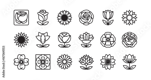 Flower head line art icon bundle illustration
