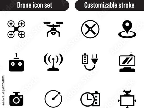 Icons set of drone, Quadrocopter and Multicopter, Editable stroke, vector, illustration
