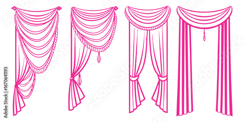 Curtain. Line Art. Sketch. A vector collection of four elegant window curtain and drapery outline sketches for an interior design manual, a coloring book, or a technical illustration.