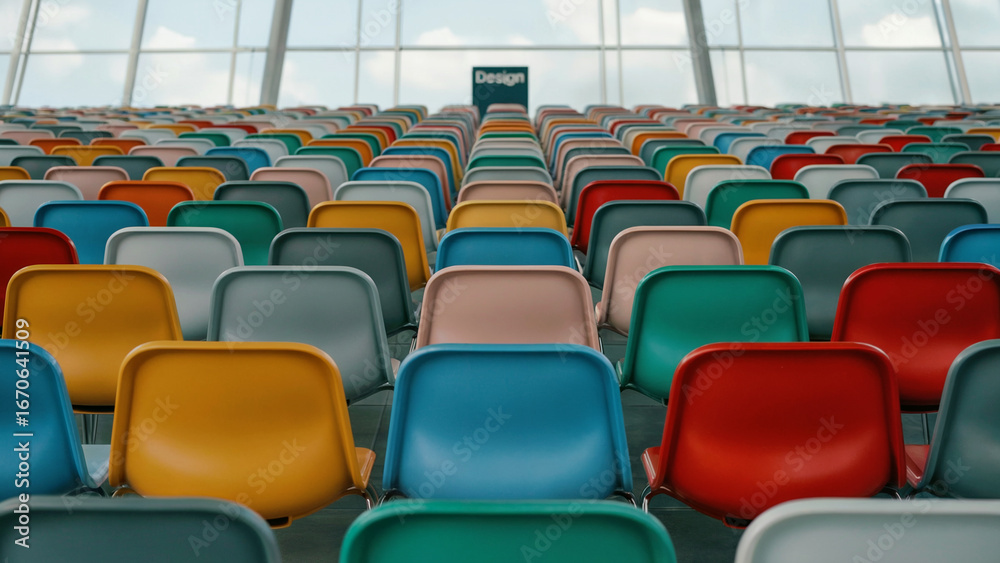 Fototapeta premium Rows of colorful plastic chairs in an auditorium seating