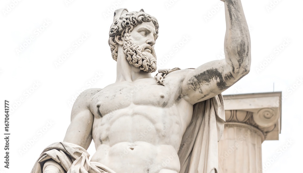 Fototapeta premium A detailed close-up of a powerful, classical marble statue of a mythological figure, showcasing intricate details of the musculature and drapery.