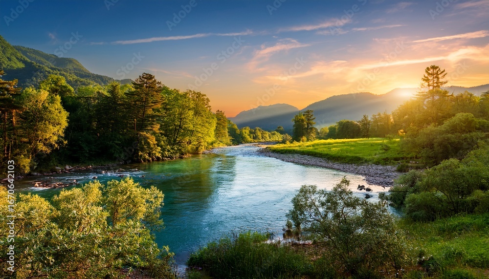 Fototapeta premium exploring serene riverbanks at sunset nature landscape photography lush environment tranquil viewpoint captivating scene