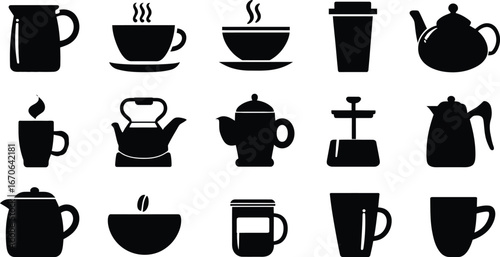 Black Silhouette Icon Set of Sixteen Coffee and Tea Vessels Arranged in Grid Format, Featuring Cups, Mugs, Teapots, Kettles, Tumblers, and Brewing Devices in Minimalist Style for Beverage, Hospitality