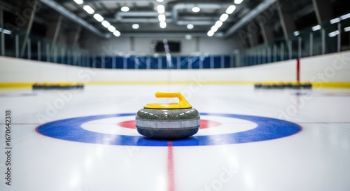 Curling rock on ice at the target circle in arena