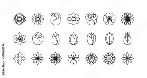 Flower head line art icon bundle illustration