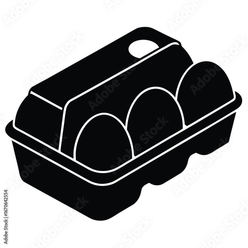Six Egg Carton with Three Eggs Inside Black Silhouette on White Background food breakfast