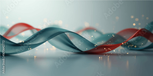 Red Christmas background with ribbon and stars decorated with light wave and liquid design elements