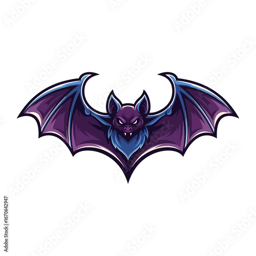 Mysterious Bat Emblem: A stylized, menacing bat, meticulously designed with deep violet and vibrant blue hues, symbolizing mystery and nocturnal allure, perfect for logos, graphics.