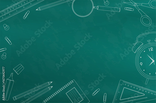 Classroom Chalkboard with Line Art School Tools