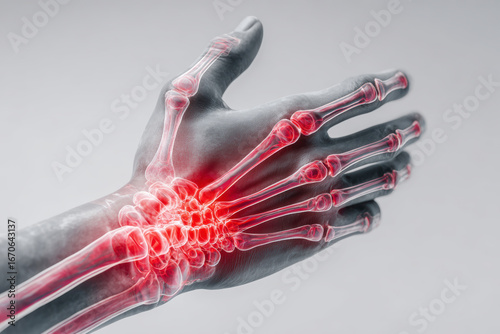 Hand bones with red markings highlighting possible pain points, joint issues, or arthritis.