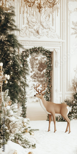A majestic reindeer stands in a wintry scene, framed by decorated evergreen trees and an ornate interior, evoking the spirit of the festive season. 