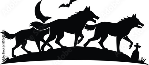 Wolf Pack Running Through Graveyard Silhouette Clean