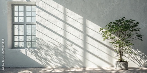 Minimalist Interior Window Light, Plant, White Wall, Concrete Floor Keywords sunlight, shadows