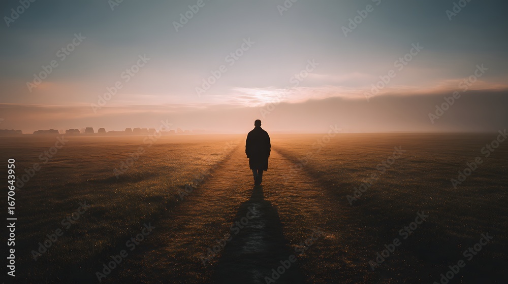 Fototapeta premium A solitary figure strolls along a path, bathed in the golden light of a tranquil sunrise over a misty plain.