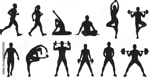 Diverse silhouettes of people engaging in various fitness activities