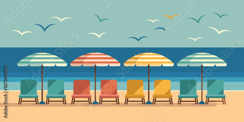 A row of beach chairs and umbrellas on a sandy beach with birds flying in the sky over the ocean view