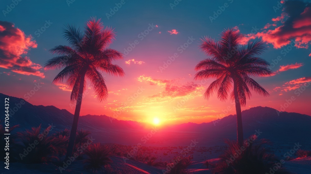 Obraz premium Sunset Palms Desert Mountain Landscape