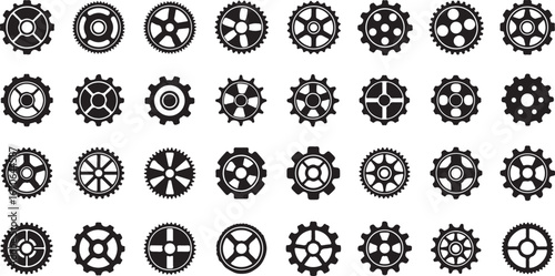 Collection of diverse black and white gear and cogwheel icons