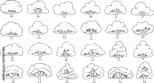 Collection of hand drawn sketchy trees in outline style