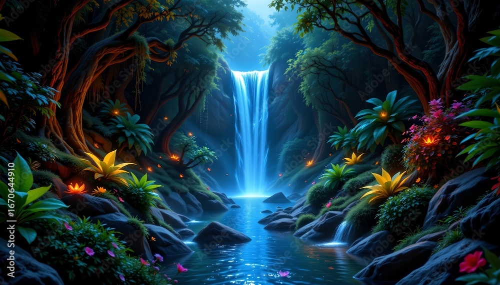 Fototapeta premium a serene jungle scene with a waterfall cascading into a rock pool