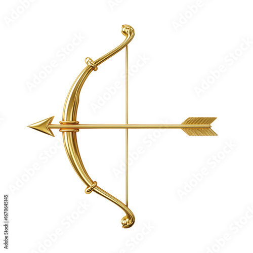 Golden bow and arrow isolated on transparent background, a symbol of love and accuracy