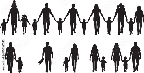 Diverse family silhouettes holding hands in a line and groups