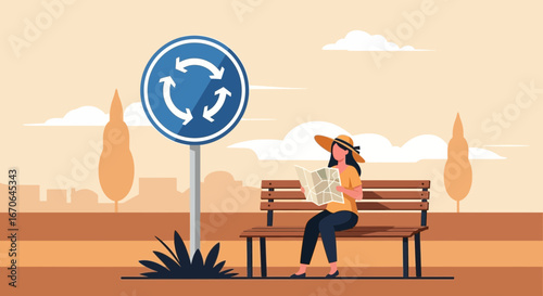 Woman Studying City Map On Park Bench Near Traffic Roundabout Sign