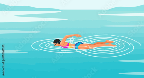 Woman Swimming Freestyle Stroke In Light Blue Water On A Sunny Day