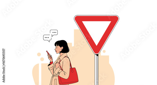 Woman Texting Near Yield Sign Depicts Modern Distractions And Traffic Awareness