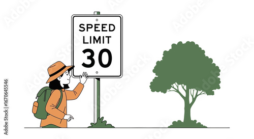 Woman Traveler Inspecting Speed Limit Sign Near the Lonely Tree