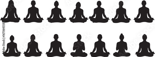 Silhouettes of people meditating in a yoga pose on a white background