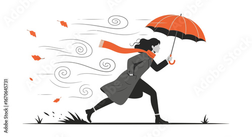 Woman Walking Against The Strong Wind Holding An Umbrella On A Windy Day
